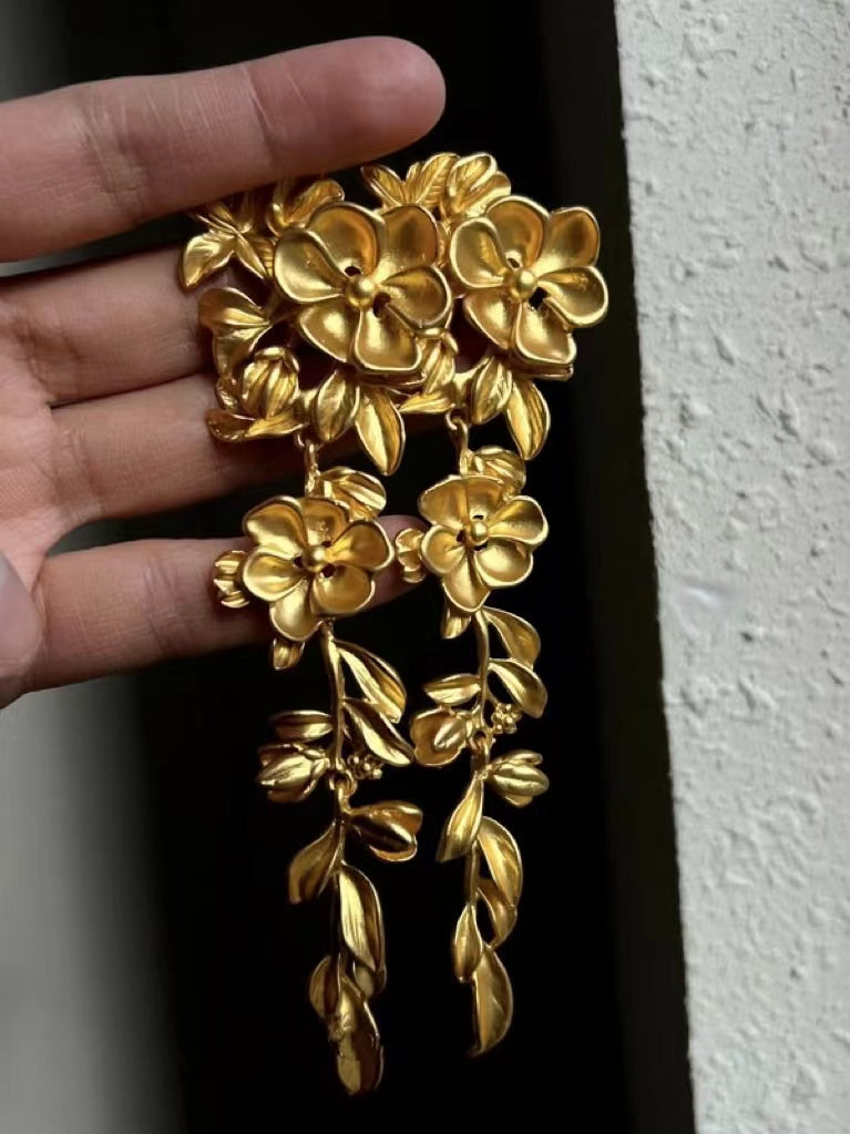 Gold Flower Long Leaf Earrings Plush Fashion Hub