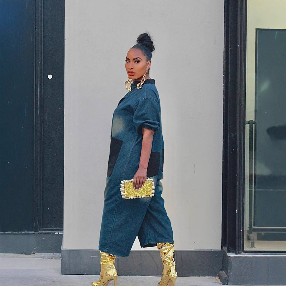 Color-Block Patchwork Denim Wide-Leg Jumpsuit