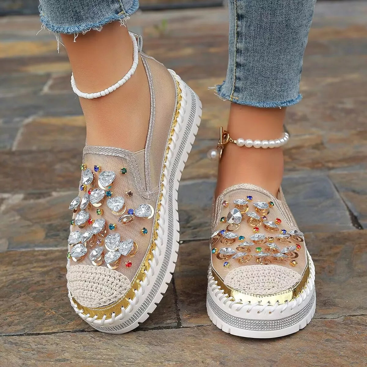 Rhinestone decor platform loafers from Trendsi, stylish footwear with sparkling embellishments and a chunky sole.