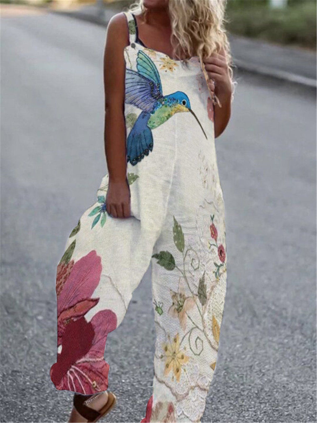 Women's butterfly print overalls by FitiqueFit, sleeveless loose fit suspender pants with pockets and adjustable straps.