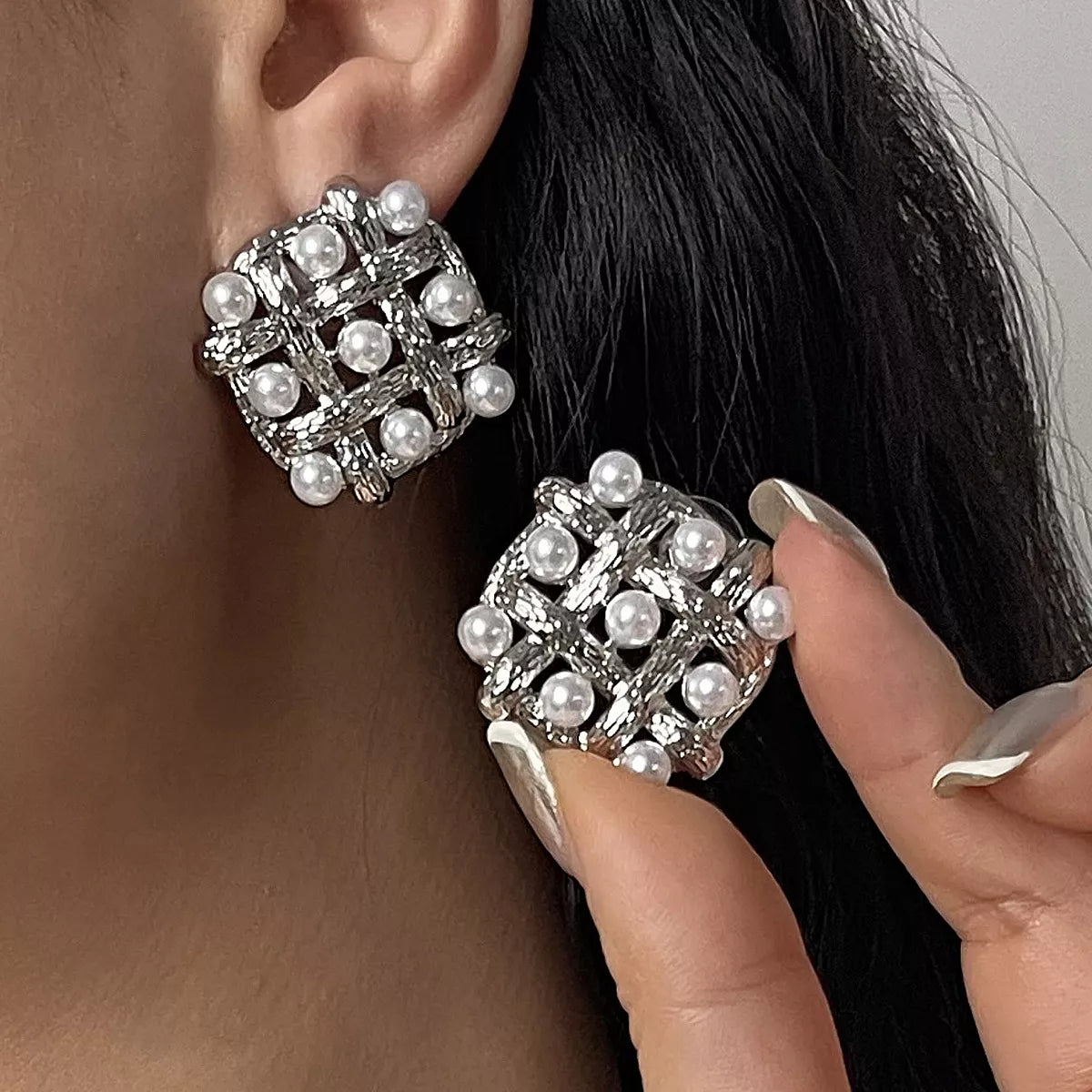 Pearl grid square stud earrings by Plush Fashion Hub featuring elegant white pearls and modern geometric design.