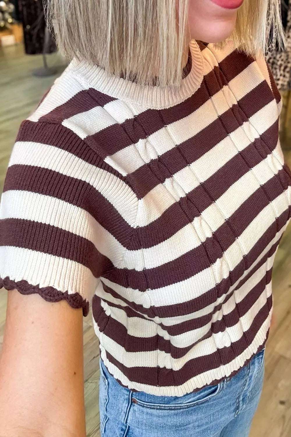 Women’s short sleeve stripe ribbed knit sweater with cable detail, stylish cable-knit sweater by Trendsi.
