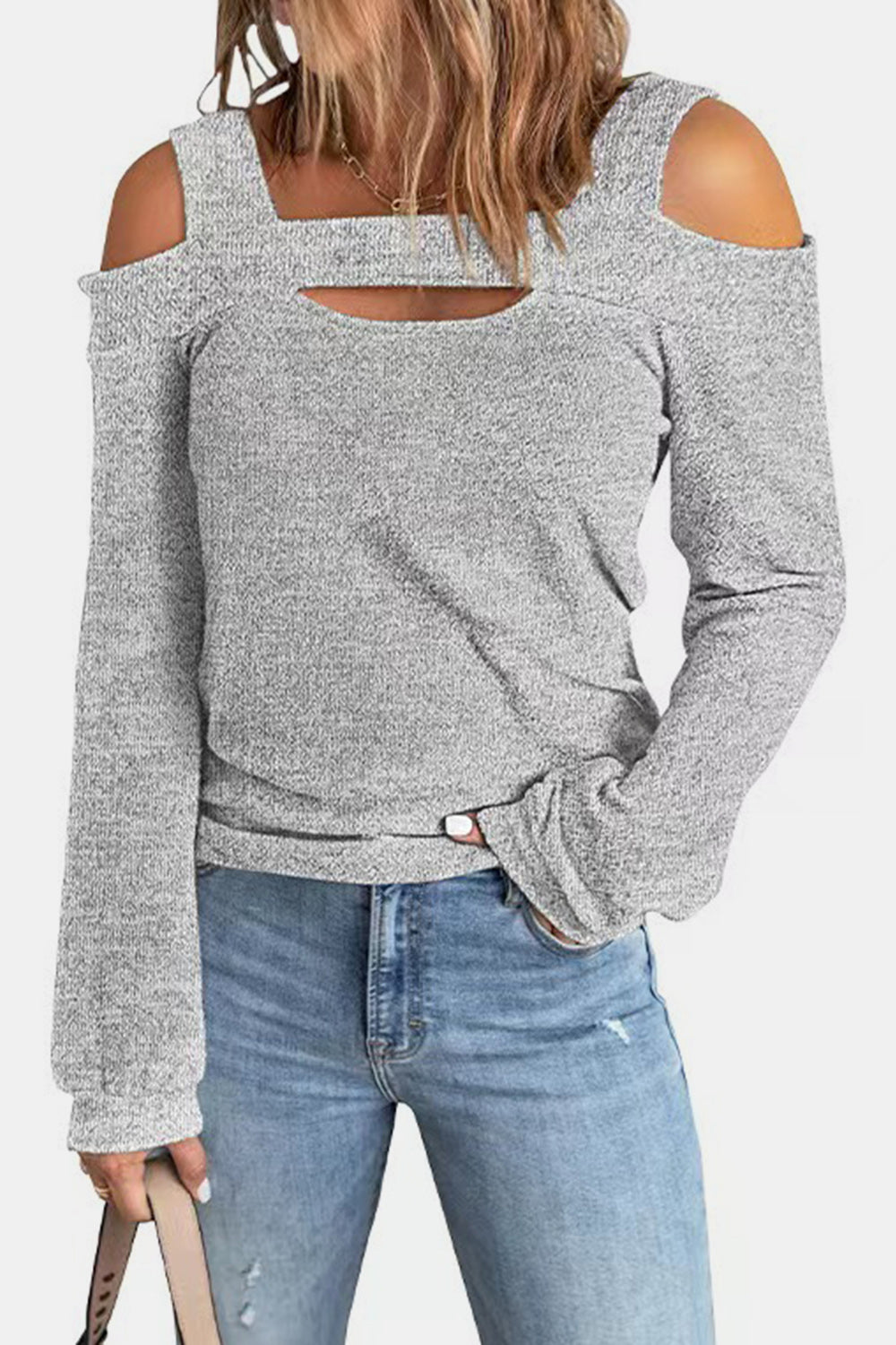 Elegant women's cold shoulder blouse by Plush Fashion Hub, featuring cutout design and polyester fabric, perfect for stylish tops.