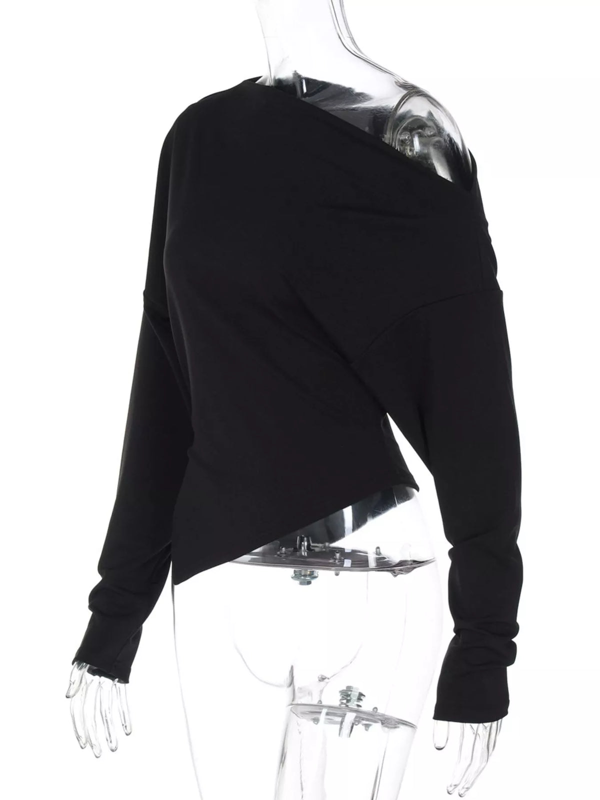 Asymmetrical off-shoulder long sleeve T-shirt by Plush Fashion Hub, featuring a stylish design with a unique shoulder cut and fitted long sleeves.