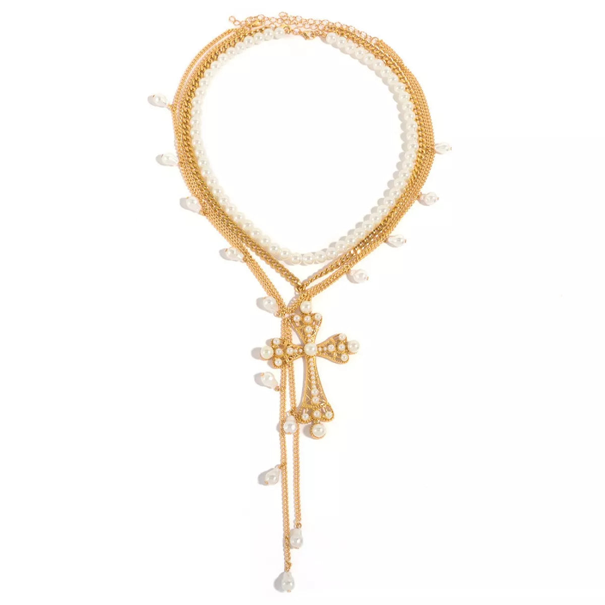 Three-piece Pearl Cross Pendant Necklace set featuring elegant pearl and cross charms, perfect for stylish jewelry accessories.