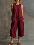 Women's retro sleeveless wide-leg cropped jumpsuit by FitiqueFit, featuring a casual, stylish design with a relaxed fit.