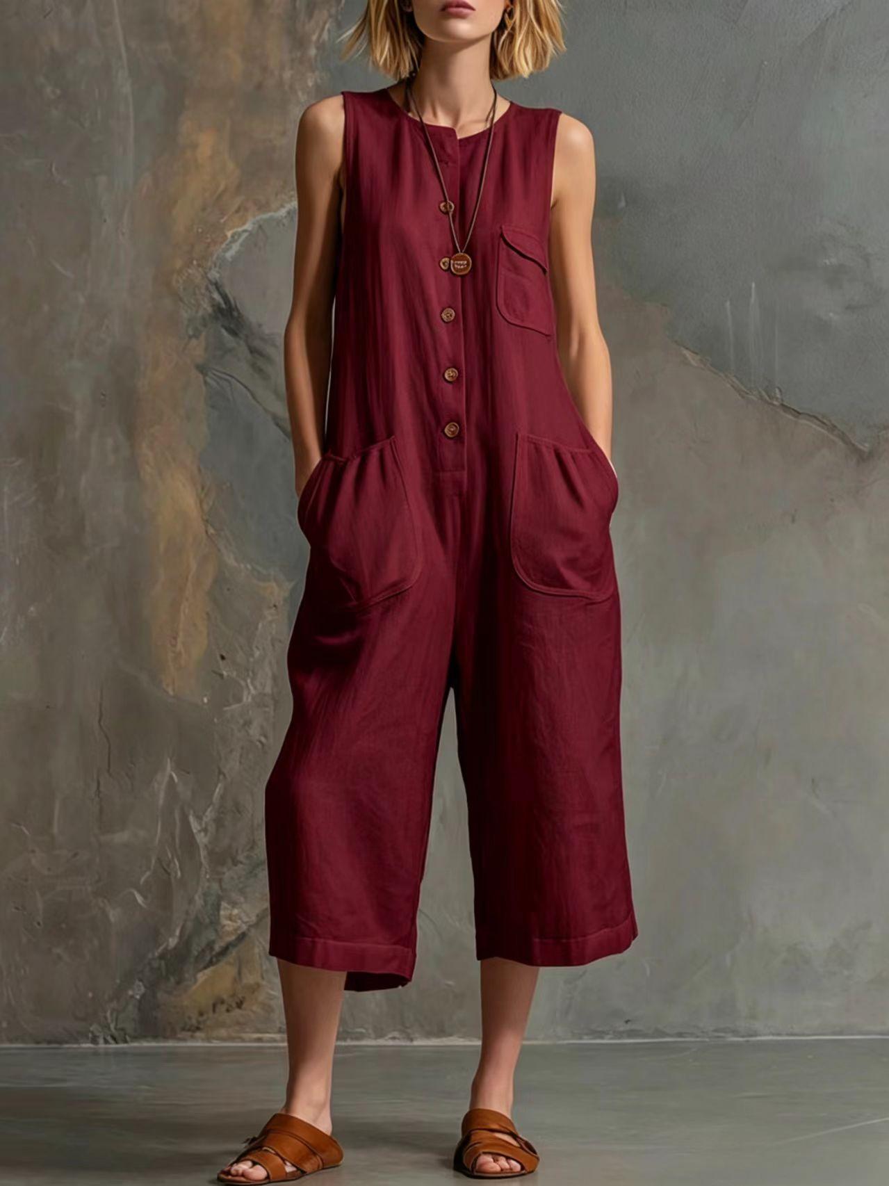 Women's retro sleeveless wide-leg cropped jumpsuit by FitiqueFit, featuring a casual, stylish design with a relaxed fit.