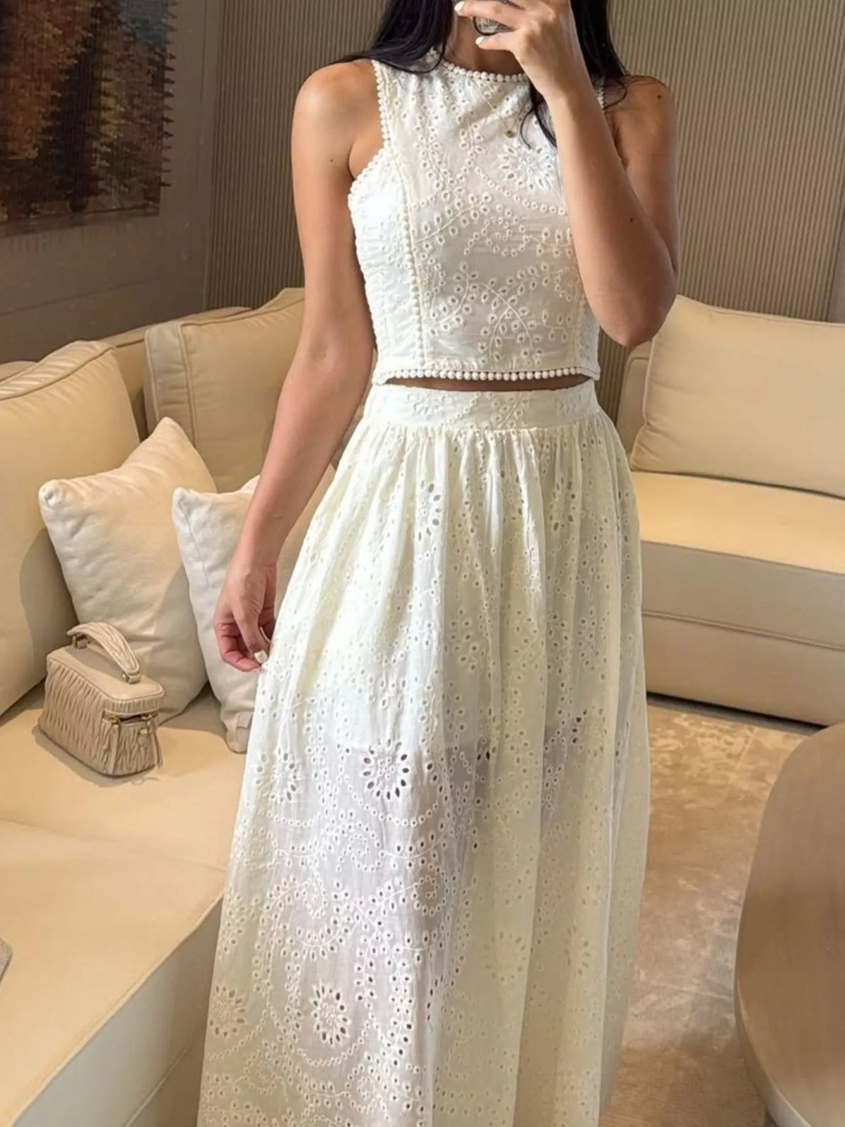 Plush Fashion Hub eyelet crop top and maxi skirt set, featuring a stylish crop top with eyelet details and a flowing maxi skirt.