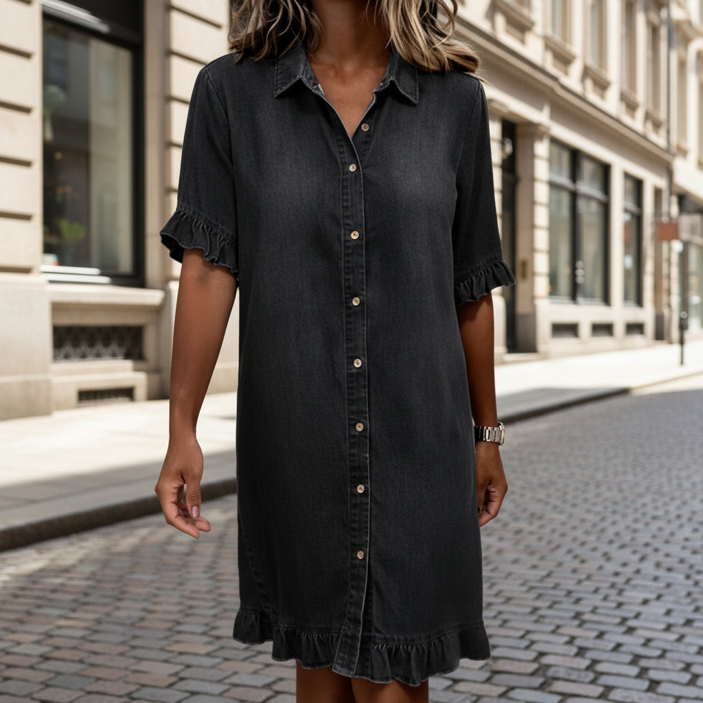 Women's faux denim ruffle-sleeve shirt dress by FitiqueFit, casualwear with ruffled sleeves and a relaxed fit, displayed on a hanger.
