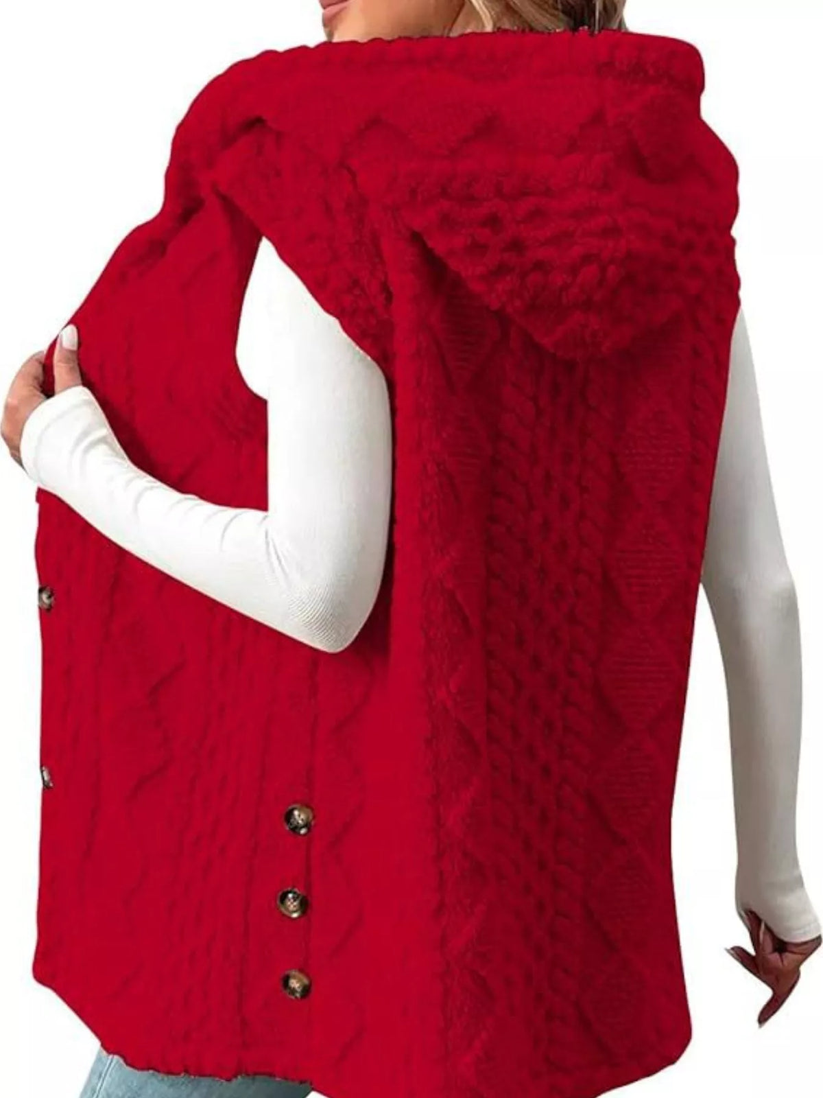 Simply Love hooded button-up sherpa vest coat featuring a cozy, plush Sherpa fabric and a front button closure.