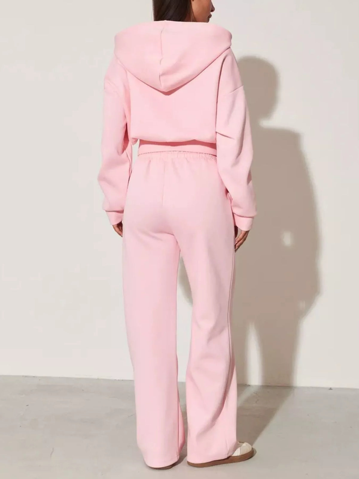 Plush Fashion Hub zip-up hoodie and wide-leg pants loungewear set, soft fabric, in neutral tones, casual comfort outfit.