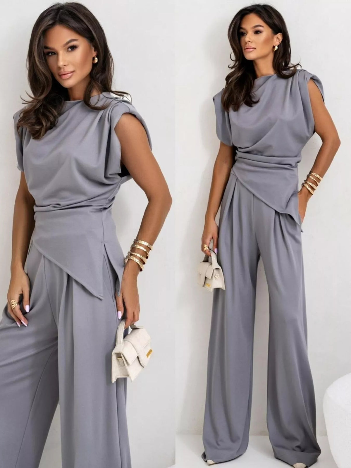 Satin cowl neck top and matching pants set by Plush Fashion Hub, featuring sleek, shiny fabric and a stylish, modern design.