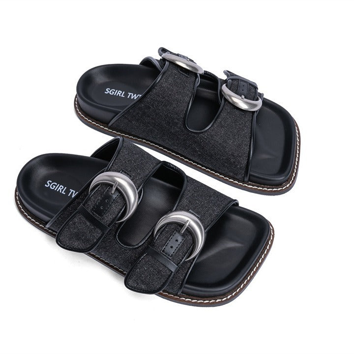 Eprolo denim minimalist strappy Roman sandals with open toe design and flat sole, stylish and comfortable footwear for warm weather.