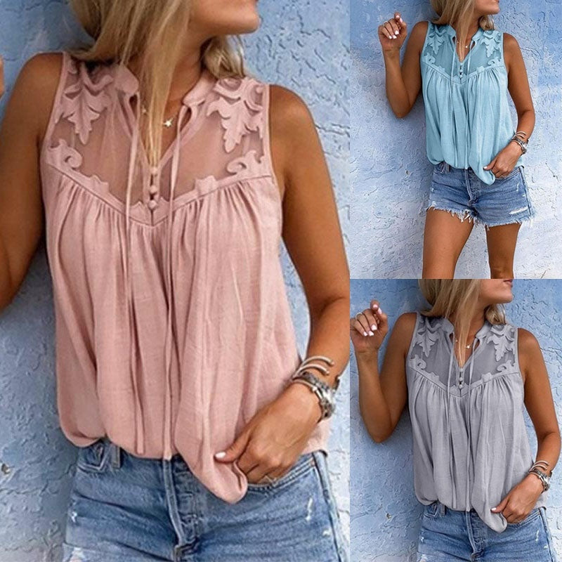 Plush Fashion Hub chiffon patchwork lace V-neck sleeveless top in silk chiffon, featuring casualwear style with delicate lace details.