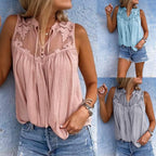 Plush Fashion Hub chiffon patchwork lace V-neck sleeveless top in silk chiffon, featuring casualwear style with delicate lace details.