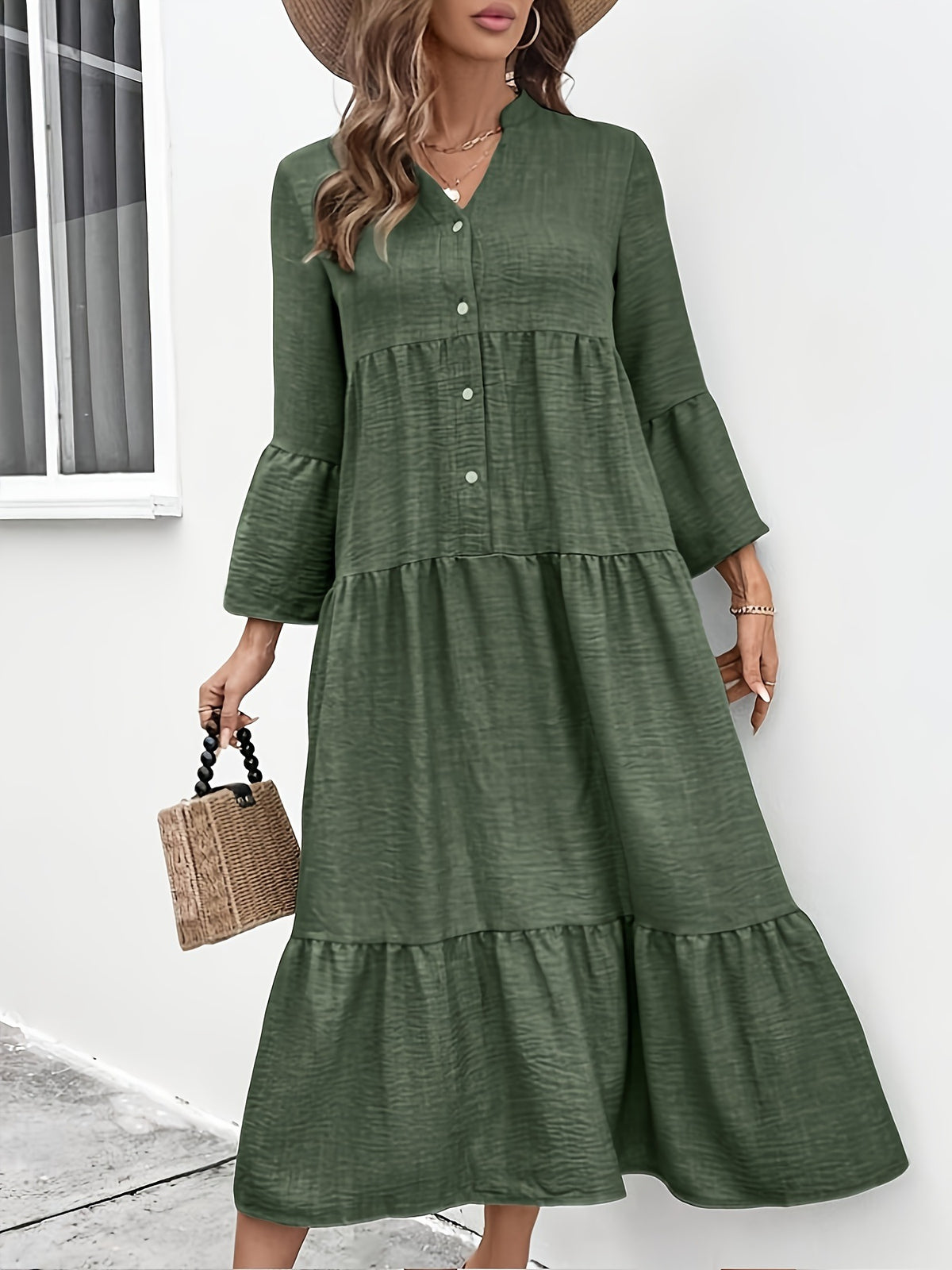Casual plush fashion hub button-front tiered midi dress in cotton blend, perfect for summer, with a relaxed, flowing silhouette.