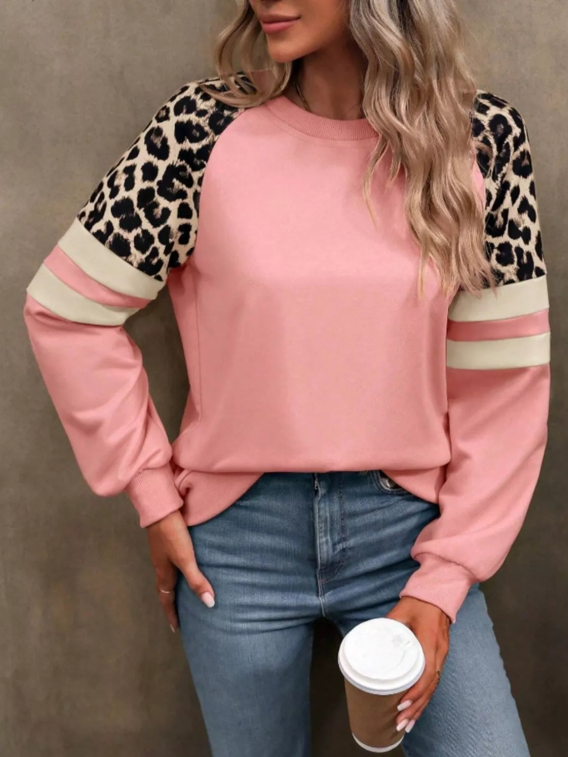 Leopard and striped raglan sleeve sweatshirt by Simply Love featuring a comfortable fit and casual style.