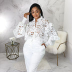 Women’s Bella Mia hollow out cutout flounce trim lace-up cardigan with lantern sleeves, stylish outerwear for casual wear.