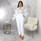 Women’s lace-up cardigan with lantern sleeves, hollow-out cutouts, and flounce trim by Bella Mia outerwear.