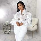 Women’s lace-up cardigan by Bella Mia with lantern sleeves, flounce trim, hollow-out cutouts, and stylish outerwear design.