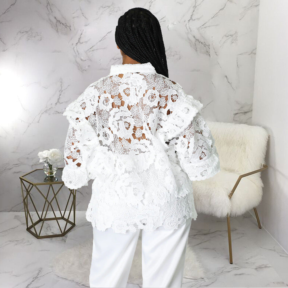 Women’s Bella Mia lace-up cardigan with lantern sleeves, hollow out cutouts, flounce trim, and stylish outerwear design.