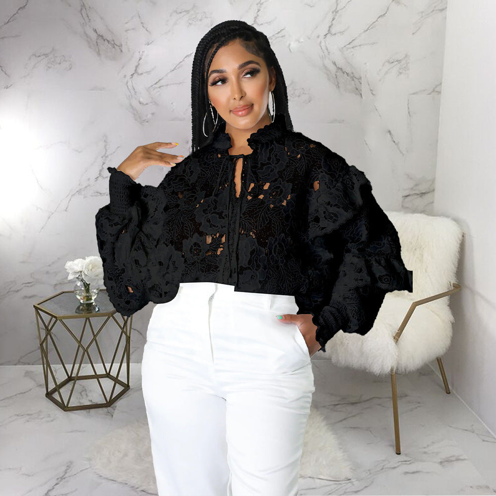 Women’s lace-up cardigan with lantern sleeves, hollow out cutouts, flounce trim, from Bella Mia, stylish outerwear for women.