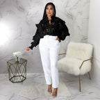 Women’s Bella Mia hollow-out lace-up cardigan with flounce trim and lantern sleeves, featuring cutout details and a cozy outerwear style.