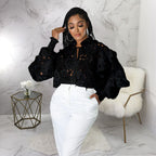 Women’s Bella Mia hollow out cutout flounce trim lace-up cardigan with lantern sleeves, stylish outerwear for casual or dressy wear.