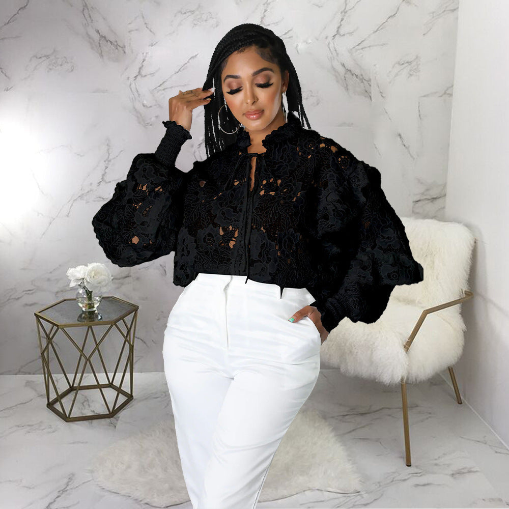 Women’s Bella Mia hollow out cutout flounce trim lace-up cardigan with lantern sleeves, stylish outerwear for casual or dressy wear.