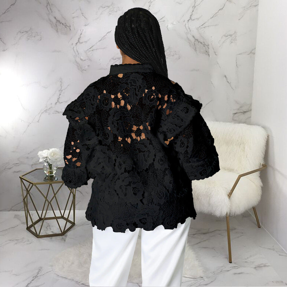 Women’s lace-up cardigan with lantern sleeves, hollow out cutouts, and flounce trim by Bella Mia outerwear.