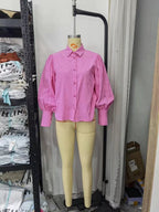 Bella Mia women's long-sleeved cotton shirt with polo collar, solid color, single-breasted design and lantern sleeves.