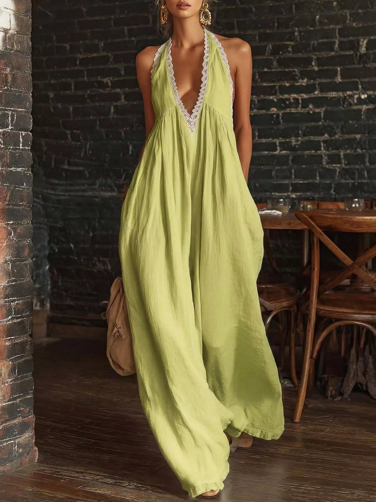 Plus size halter neck lace trim wide leg jumpsuit by Plush Fashion Hub, featuring a stylish playsuit design with full size options.