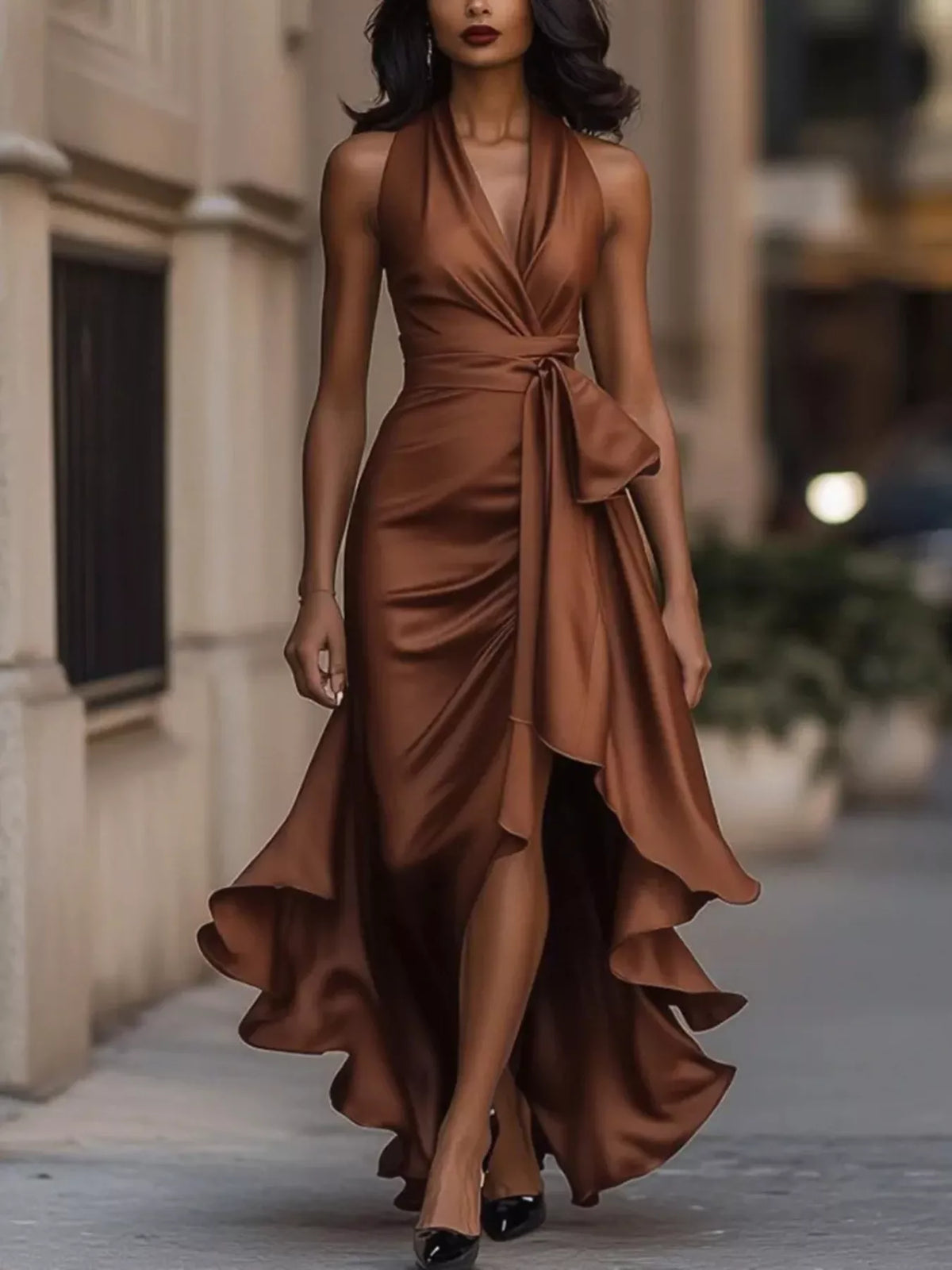 Plus size high-low satin maxi dress with ruffles from Plush Fashion Hub, featuring a flowing silhouette and elegant design.