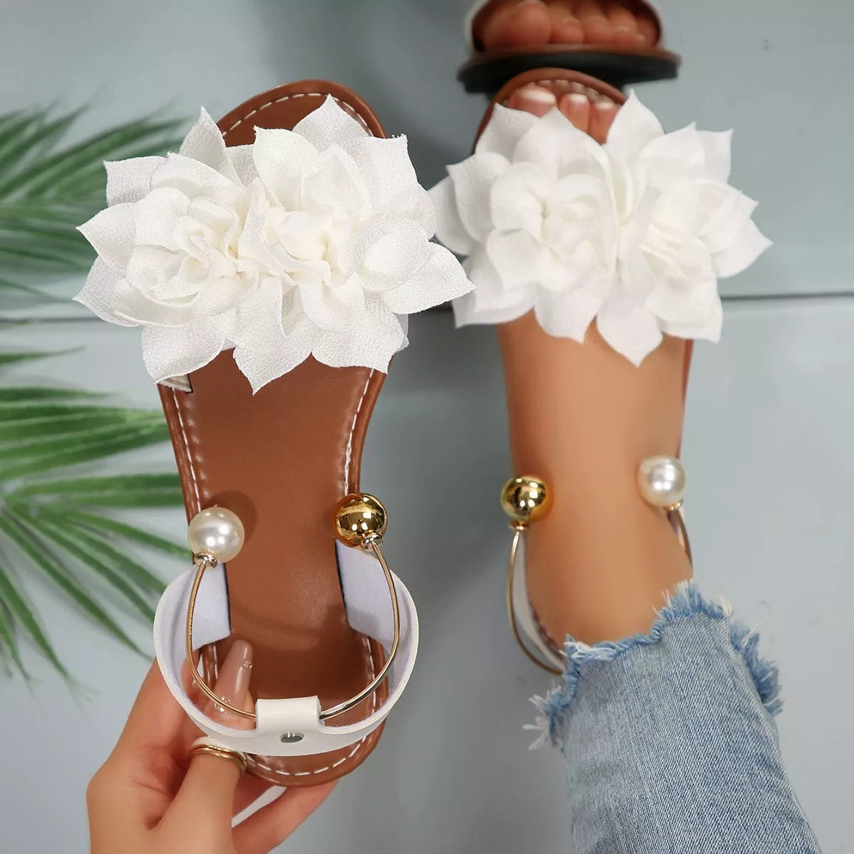 Plush Fashion Hub floral decor flat sandals with colorful flower embellishments and open toe design for casual summer wear.