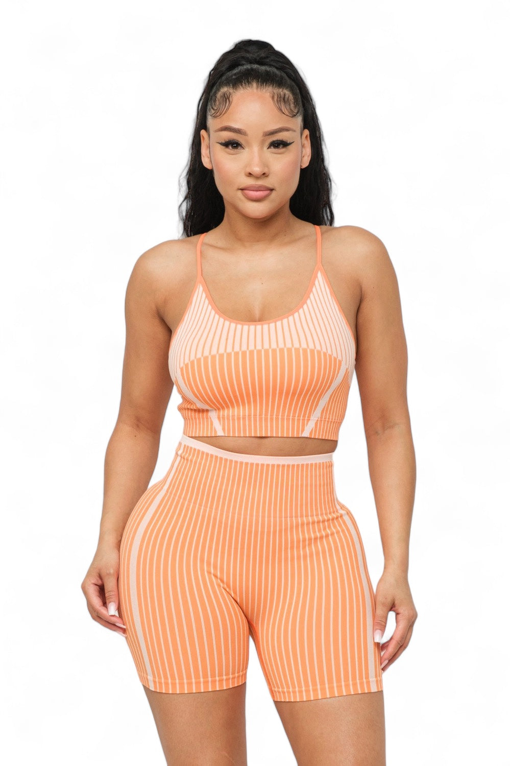 Seamless striped activewear set with top and biker shorts from Plush Fashion Hub, featuring a fitted, breathable design.