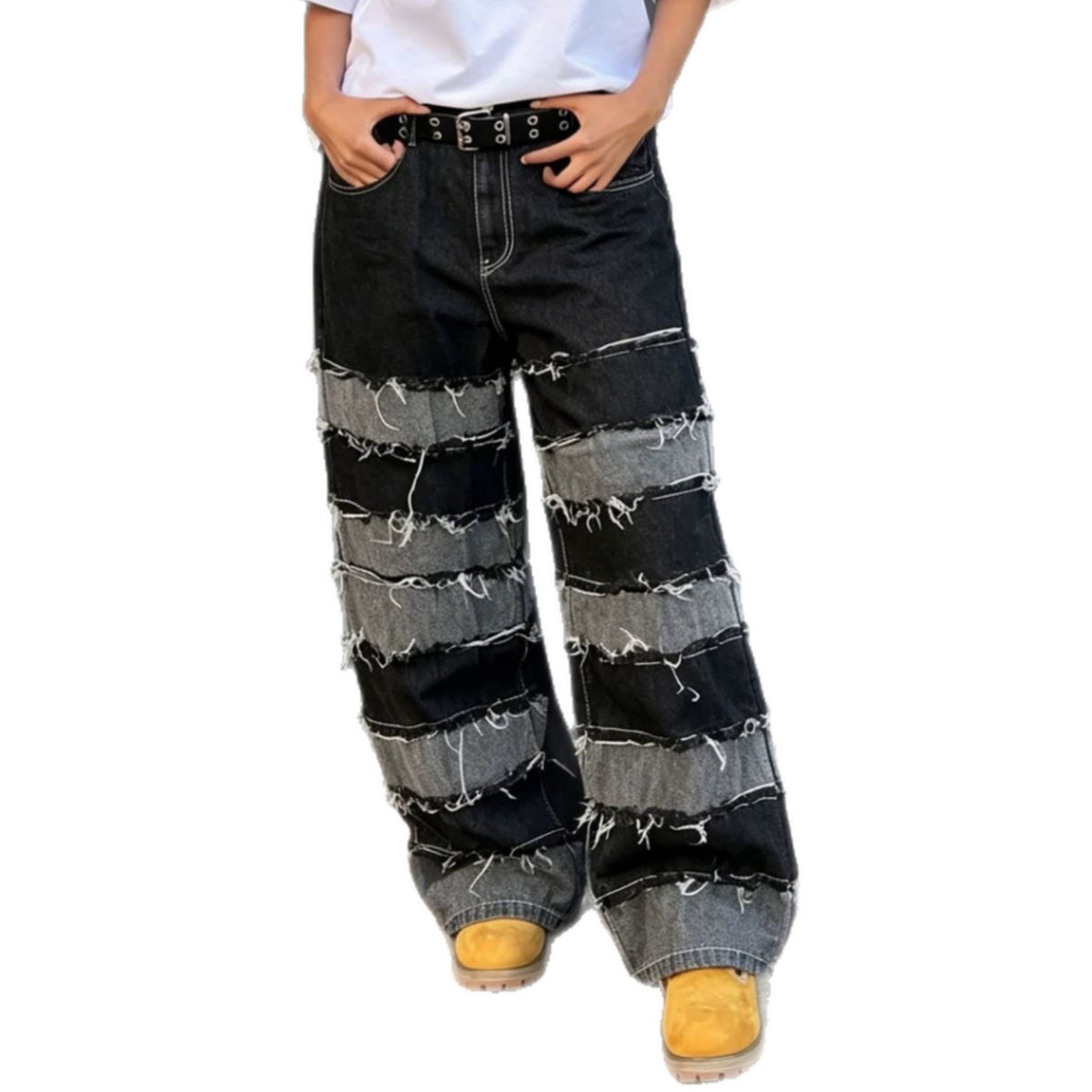 Women’s deconstructed black and gray patchwork straight fit denim jeans by Plush Fashion Hub, featuring stylish distressed details.