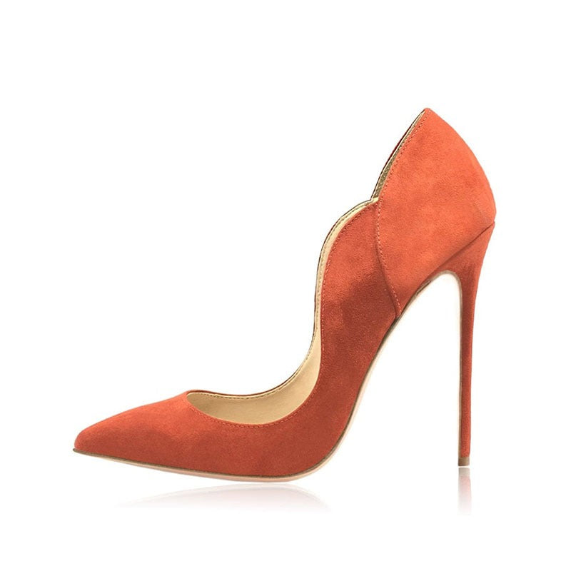 Burnt orange suede pointed-toe stiletto pumps with a high-cut scalloped topline and slim heel.