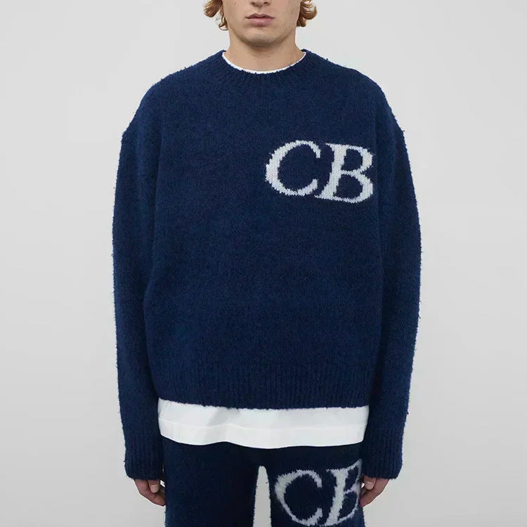 Unisex Casual Oversized CB Letter Knit Crew Neck Sweater