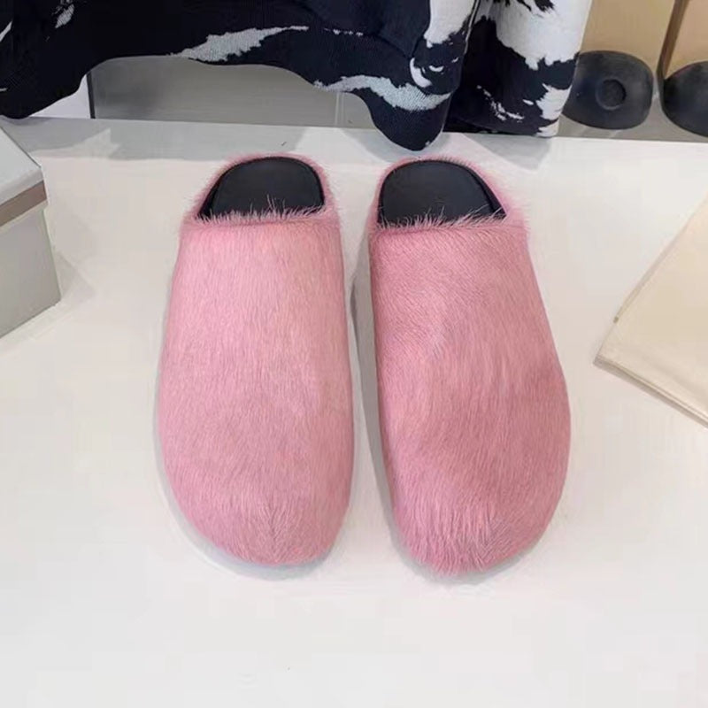 Plush Fashion Hub Matsuke genuine leather horse hair slippers with a soft, comfortable design and slip-on style.