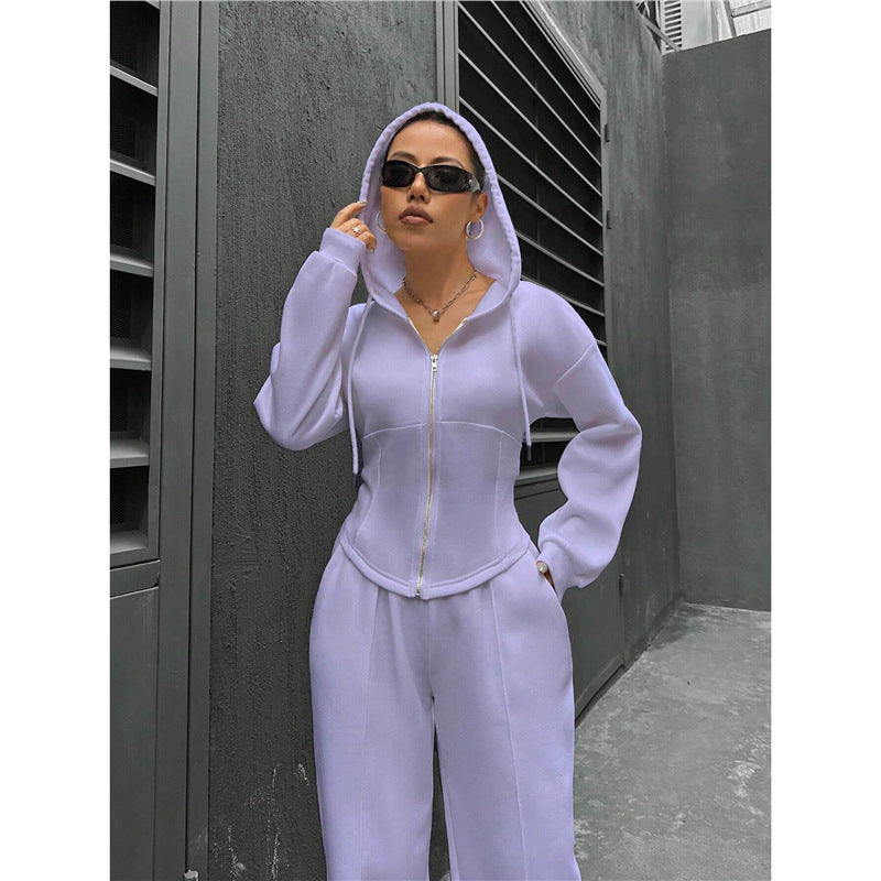 eprolo relaxed hooded zip-up top and wide-leg trousers two-piece set, casual loungewear with hood and comfortable fit