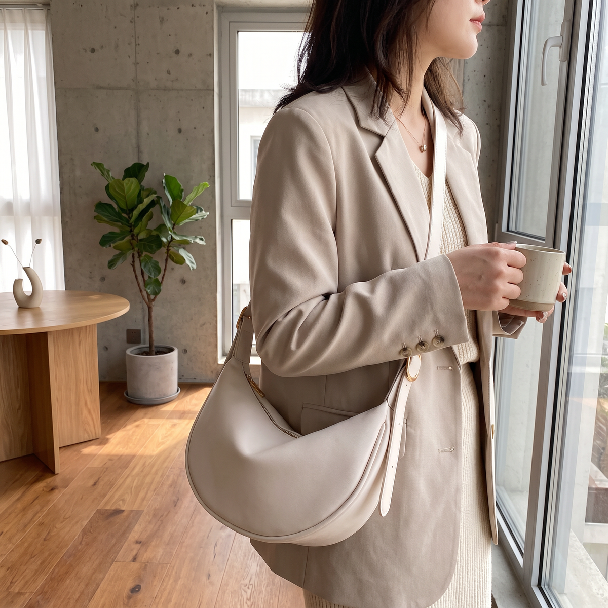 Minimalist Crescent Crossbody Bag in Smooth PU Leather