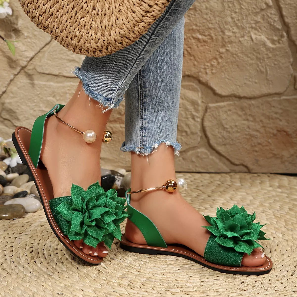 Plush Fashion Hub floral decor flat sandals with colorful flower embellishments, open-toe design, and comfortable flat sole.
