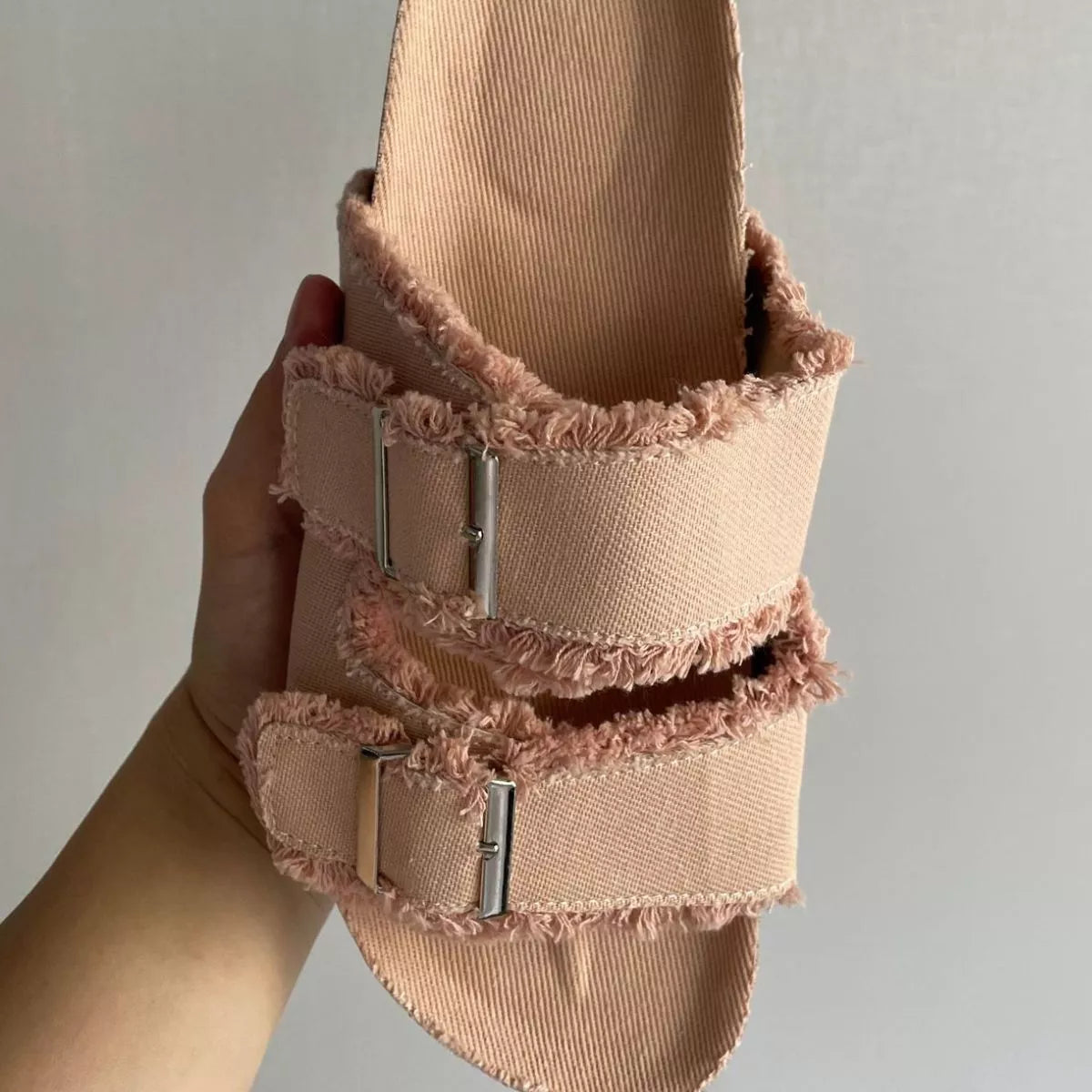 Plush Fashion Hub frayed edge buckle sandals with open toe design and ankle strap, showcasing casual summer footwear style.
