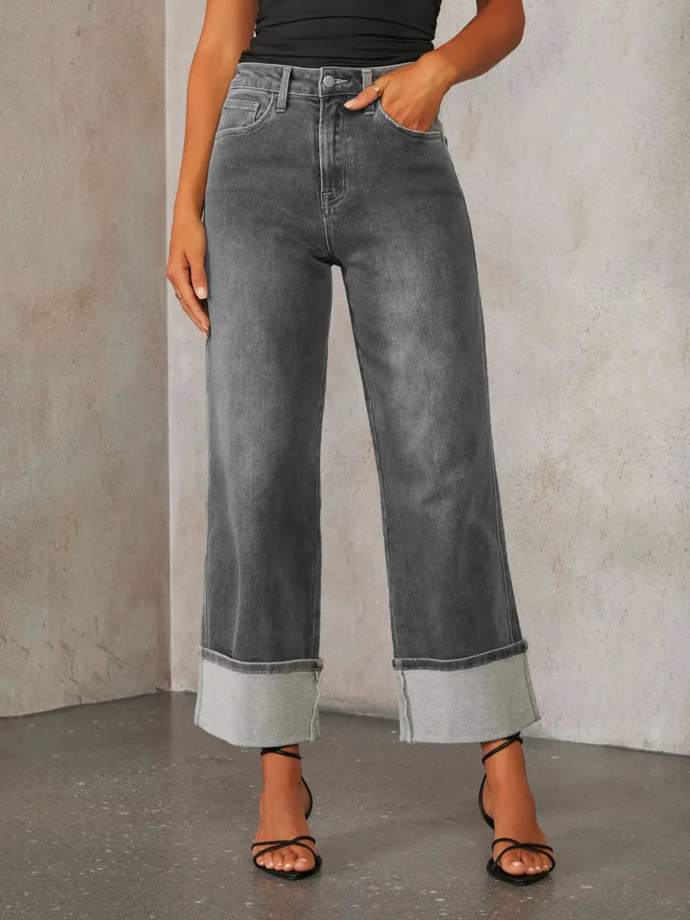 Trendsi high waisted straight leg rolled denim jeans, showing front view with rolled cuffs and classic blue wash.