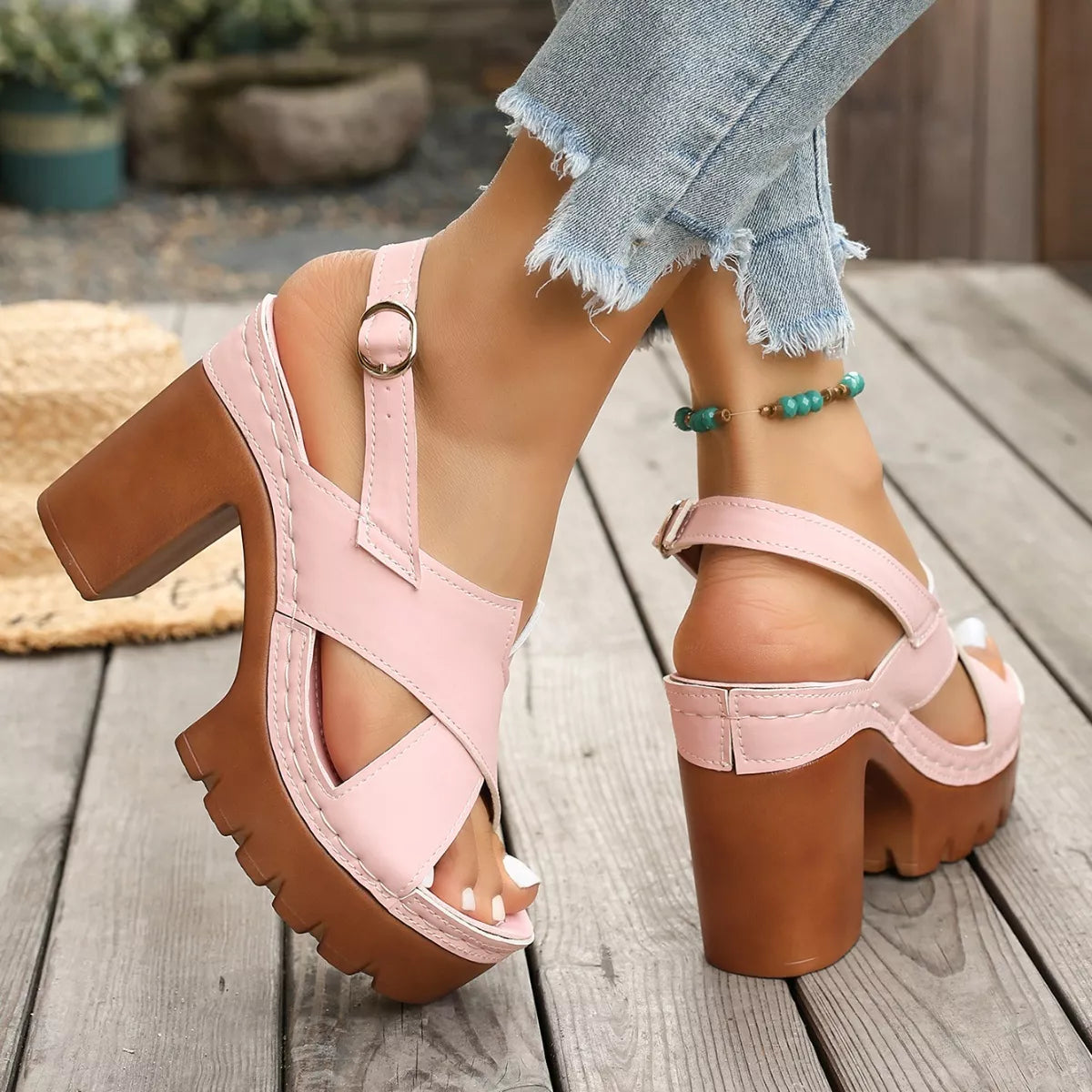 Plush Fashion Hub open toe block heel sandals showing tan leather straps and chunky heel, stylish summer shoe for women