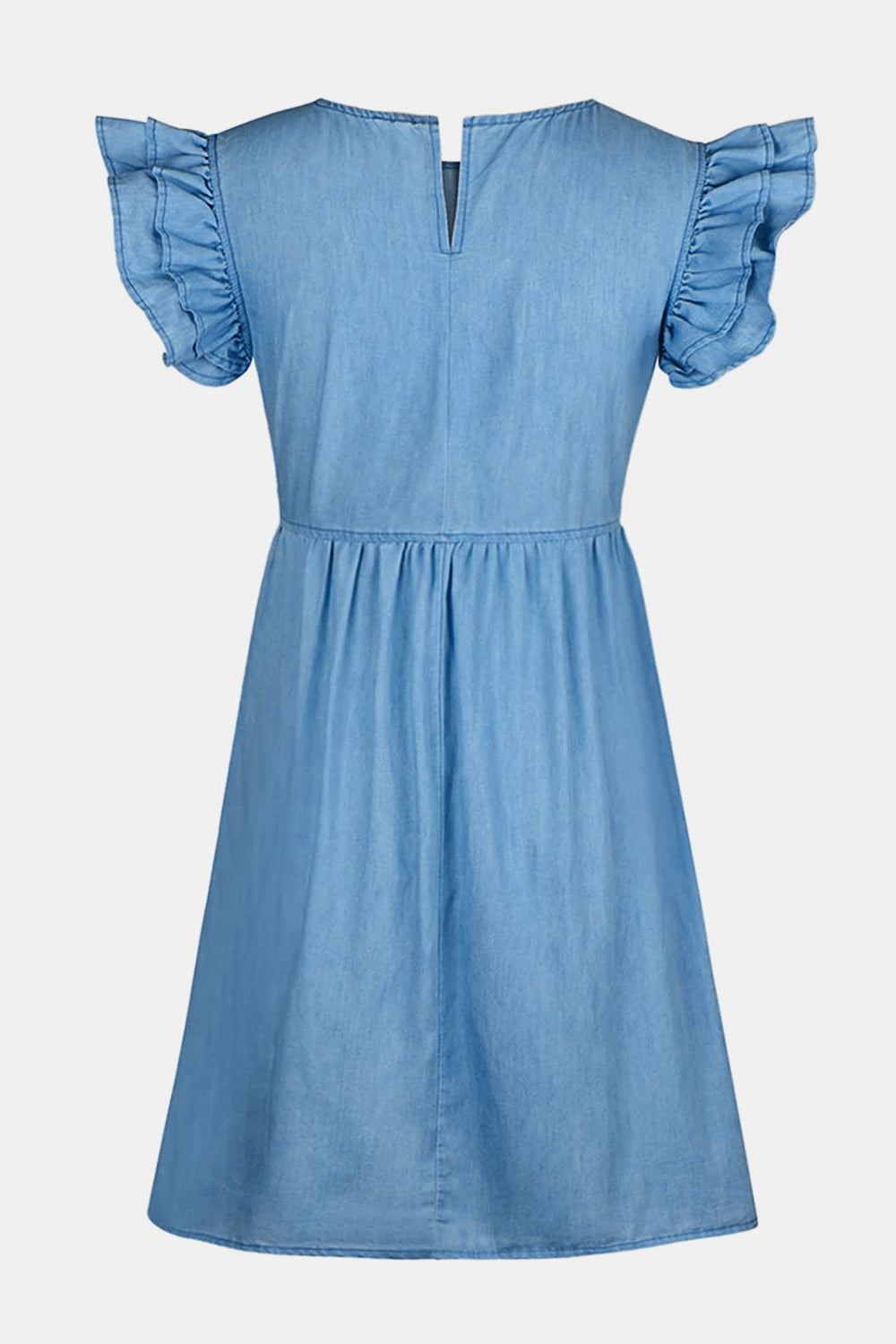 Full size ruffled round neck cap sleeve denim dress from Plush Fashion Hub, featuring a stylish casual design with ruffle details.