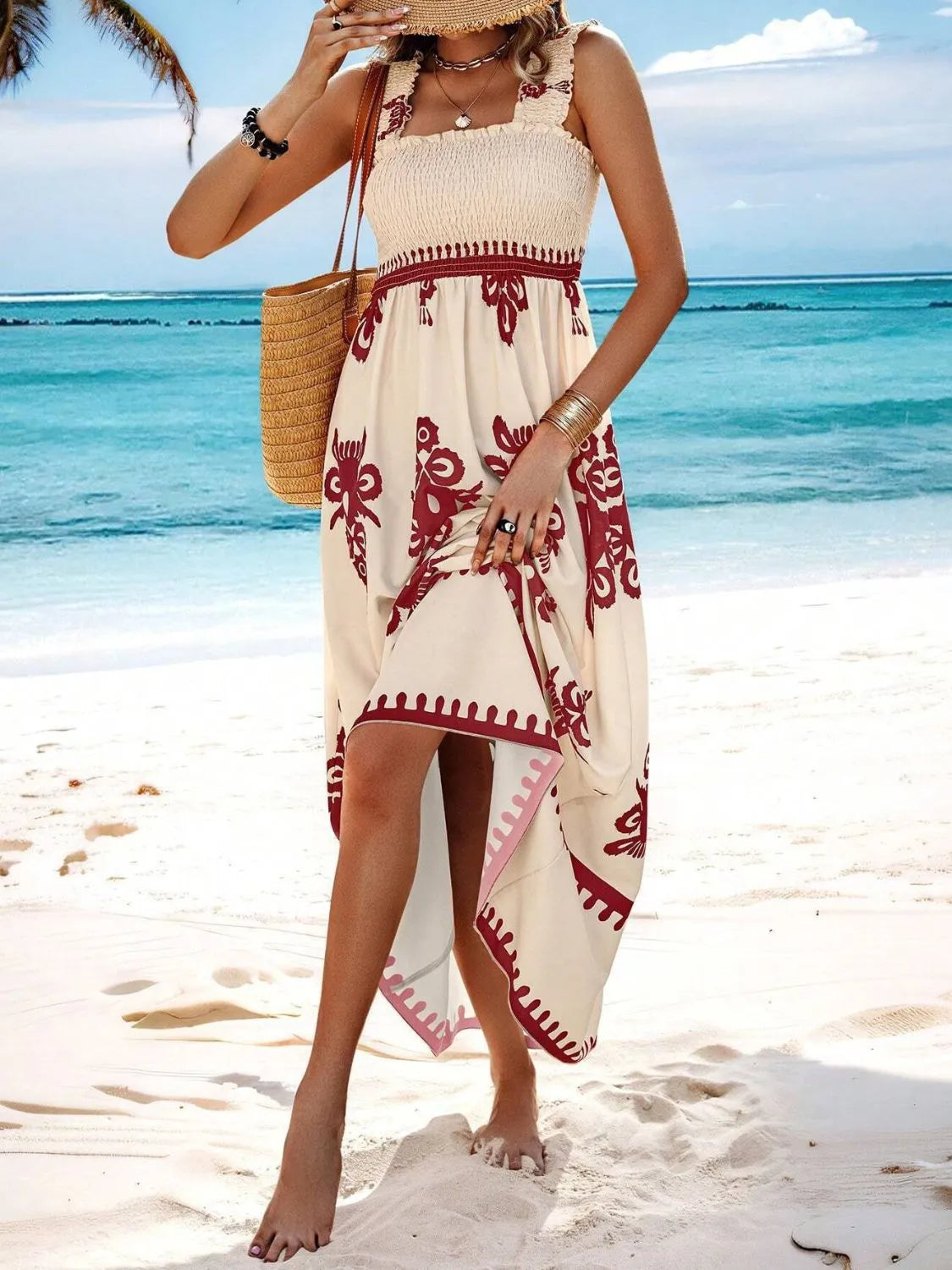 Plush Fashion Hub smocked printed wide strap maxi dress with a flowing silhouette and vibrant floral pattern.