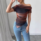 Women’s tie-dye one-shoulder mesh ruched top by FitiqueFit, featuring asymmetrical stretch design for casual outings.