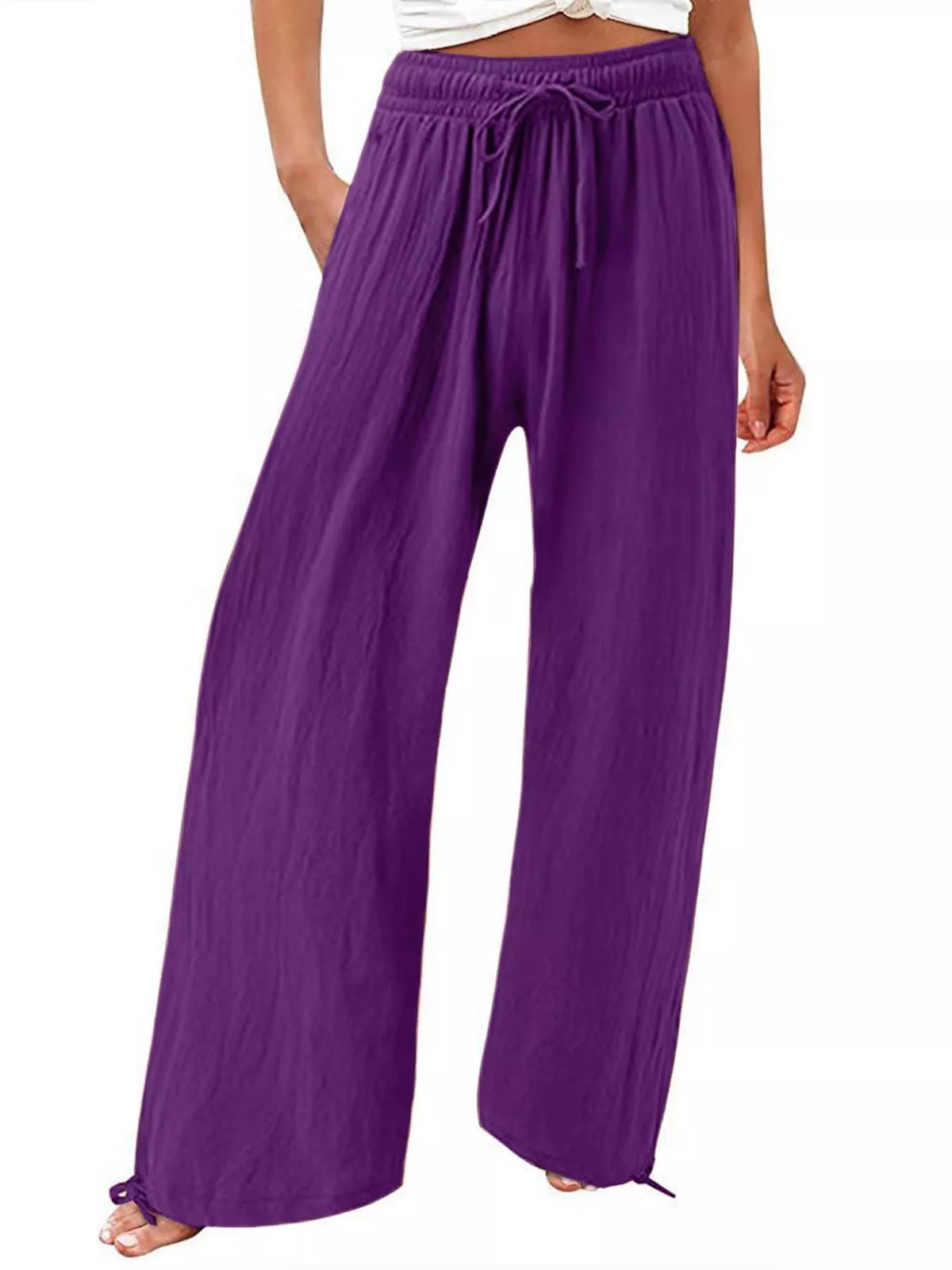 Plush Fashion Hub full-size wide leg pants with drawstring waist in plush fabric, plus size, casual and comfortable fit.