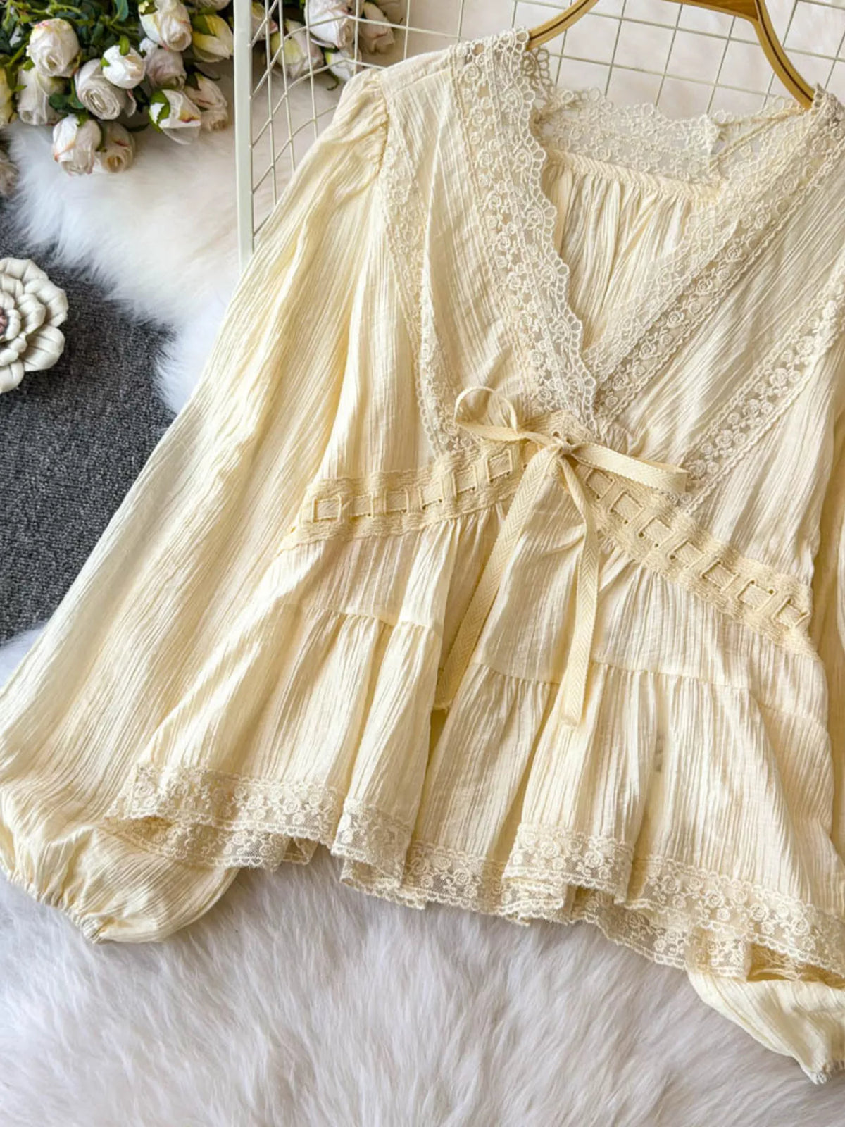 Plush Fashion Hub lace detail V-neck blouse dress with elegant lace accents and a tailored fit, perfect for sophisticated occasions.